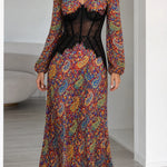 Paisley Print Lace Corset Waist Maxi Dress with Long Sleeves