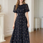 Vintage Floral Bow-Front A-Line Midi Dress with Puff Sleeves