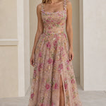 Floral Embroidered Sequin A-Line Evening Maxi Dress with Slit