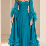 Sweetheart Neckline Tiered Tulle Ruffle Sleeve Evening Gown
