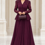 Elegant Lace Peplum Long Sleeve Formal Evening Gown