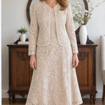 Elegant Floral Lace Midi Dress and Jacket Two-Piece Set