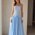 Strapless Beaded Corset Evening Gown with Scalloped Fringe & Chiffon Skirt