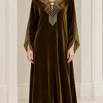 Women's Embroidered Velvet Kaftan Maxi Dress with Beaded Fringe V-Neck