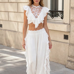 Boho Lace Ruffle Two-Piece Crop Top and Wide Leg Pants Set