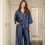 Polka Dot Button-Down Shirt and Wide-Leg Pants Two-Piece Set