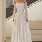 Off-the-Shoulder Pearl Beaded Basque Waist Corset Evening Gown