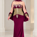 Strapless Sequin Corset Evening Gown with Embellished Cape Shawl