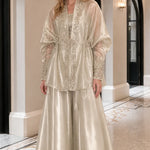 Embroidered Metallic Sheer Overcoat and Wide-Leg Pants Set