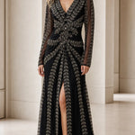 Elegant Beaded Long Sleeve V-Neck Evening Gown with Front Slit
