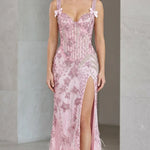Sequined Corset Evening Gown with Bow Straps and Feather Hem