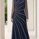 Long Sleeve Beaded Tulle Evening Maxi Gown