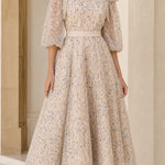Cold Shoulder Embroidered Lace Midi Dress with Puff Sleeves and Tie Waist