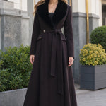 Elegant Faux Fur Shawl Collar Belted Maxi Flare Coat