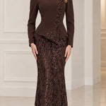 Sequined Peplum Long Sleeve Formal Evening Gown