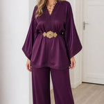 Women's Embroidered Satin Kaftan Top and Wide-Leg Pants Two-Piece Set