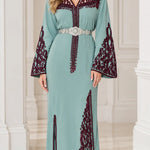 Embroidered Moroccan Caftan Maxi Dress with Ornate Belt and Flared Sleeves