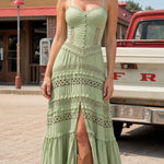 Boho Corset Bodice Tiered Maxi Dress with Lace Insets and Front Slit