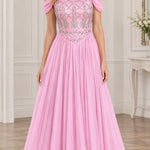 Off-the-Shoulder Beaded Bodice Tulle Formal Evening Gown