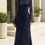 High Neck Sequin Lace Evening Gown with Long Sleeves