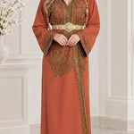 Embroidered Moroccan Kaftan Maxi Dress with Ornate Waist Belt