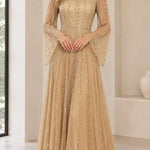 Sequined High-Neck Long Sleeve Evening Gown with Bell Sleeves