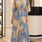 Floral Chiffon V-Neck Maxi Dress with Embellished Waist and Flutter Sleeves