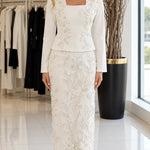 Floral Embroidered Square Neck Jacket & Maxi Skirt Two-Piece Formal Set