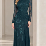 Long Sleeve Mock Neck Ruched Floral Lace Evening Gown