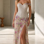 Off-the-Shoulder Sweetheart Sequin Floral Evening Gown with Slit