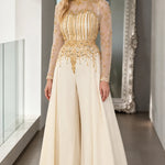 Elegant Sequin Embroidered Wide-Leg Evening Jumpsuit with Sheer Long Sleeves