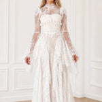 Long Sleeve Lace Corset Maxi Dress with Tassel Fringe and Cutout Back