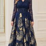 Metallic Floral Lace Long Sleeve Evening Gown with Beaded Waist