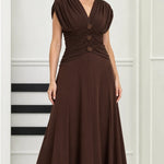 Elegant Ruched Waist V-Neck Midi Dress with Embellished Accents