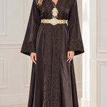 Elegant Embroidered Satin Kaftan Maxi Dress with Ornate Belt