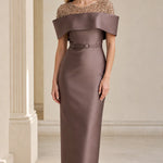 Elegant Sequin Embellished Off-The-Shoulder Midi Evening Dress