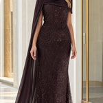 Sequin Mermaid Evening Gown with Draped Chiffon Cape