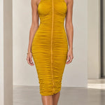 High Neck Metallic Collar Ruched Sleeveless Midi Dress