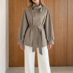 Women's High Neck Belted Short Trench Jacket with Lantern Sleeves