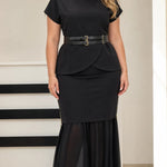 Elegant Belted Peplum Top and Chiffon Hem Mermaid Skirt Set