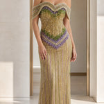 Off-Shoulder Beaded Fringe Long Evening Gown