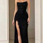 Strapless Beaded Corset Evening Gown with Lace-Trim High Slit