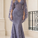 Floral Lace Cape Sleeve Mermaid Evening Gown with Corset Bodice