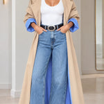 Maxi Contrast Pinstripe Lined Trench Coat with Lapel Collar