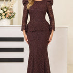Women's Elegant Long Sleeve Lace Mermaid Formal Dress with Peplum Waist