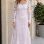 Square Neck Floral Lace Long Sleeve Midi Dress with Crystal Buttons