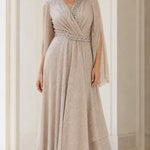 Elegant V-Neck Rhinestone Split Sleeve Maxi Evening Dress