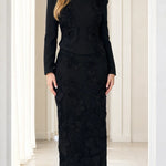 Elegant Beaded Floral Lace Long Sleeve Column Evening Maxi Dress