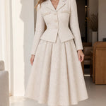 Elegant Pearl Embellished Tweed Blazer and Flared Midi Skirt Set
