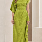 Floral Jacquard Asymmetrical Maxi Dress with Embellished Neckline